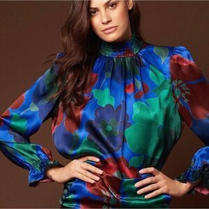 Tucker The Stella Top Cobalt Retro Floral in Stretch Georgette Silk Blouse Smock